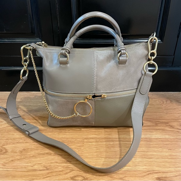 See by Chloe Emy Patchwork Suede Taupe Grey Shoulder Bag w Crossbody Strap - Picture 3 of 16